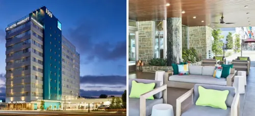 Exterior of the AC Hotel Beverly Hills as seen from across the street (left) and a patio area with couches and chairs under a veranda (right)